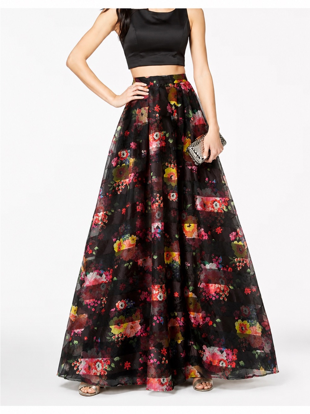 Sequin Hearts sheer floral tafetta maxi skirt